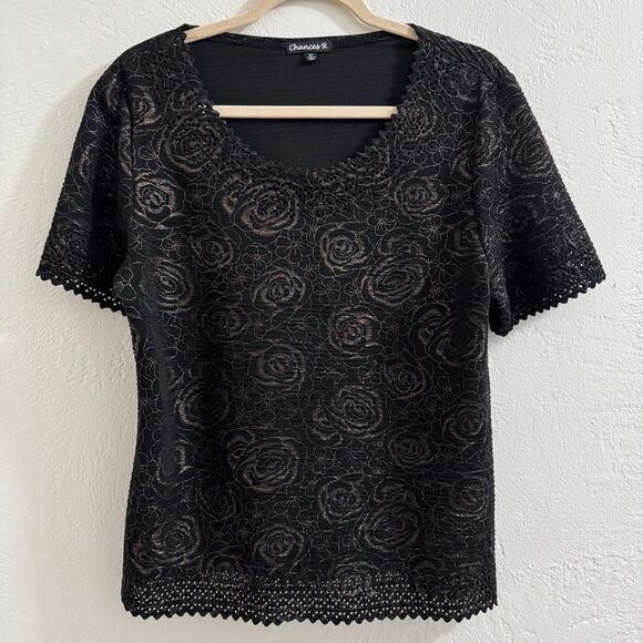 Chances R Glittery Gold Rose Pattern Crochet Hem 2010s Blouse L - Picture 1 of 5